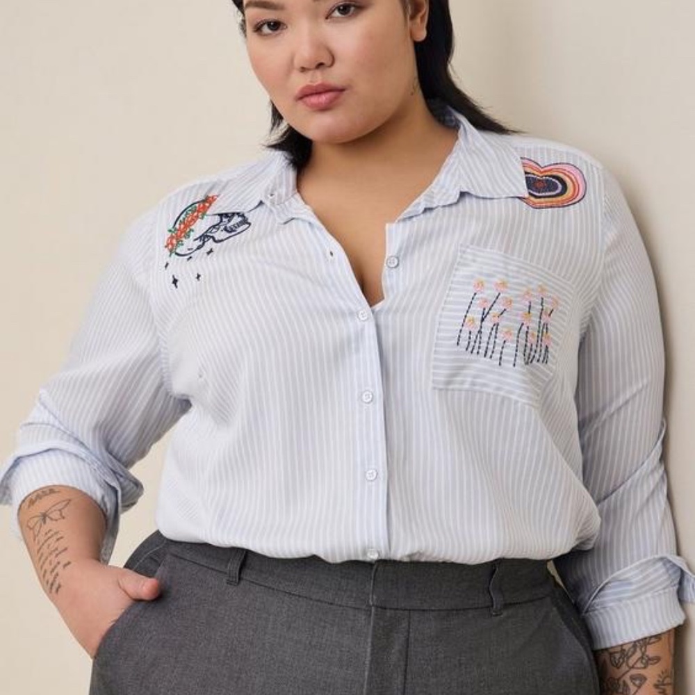 Torrid Lizzie Rayon Twill Embroidered Striped Button Up Long Sleeve Shirt M/L - Picture 10 of 11